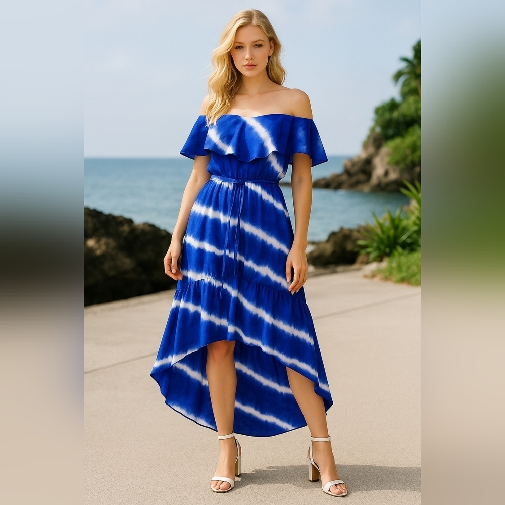 💙 Express Off Shoulder Tie Dye Maxi Dress Hi Low Ruffle Boho Flow